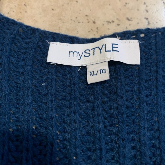 mySTYLE XL Striped V-Neck Sweater Navy Coral Cream Side Buttons Tunic Knit - Picture 2 of 5